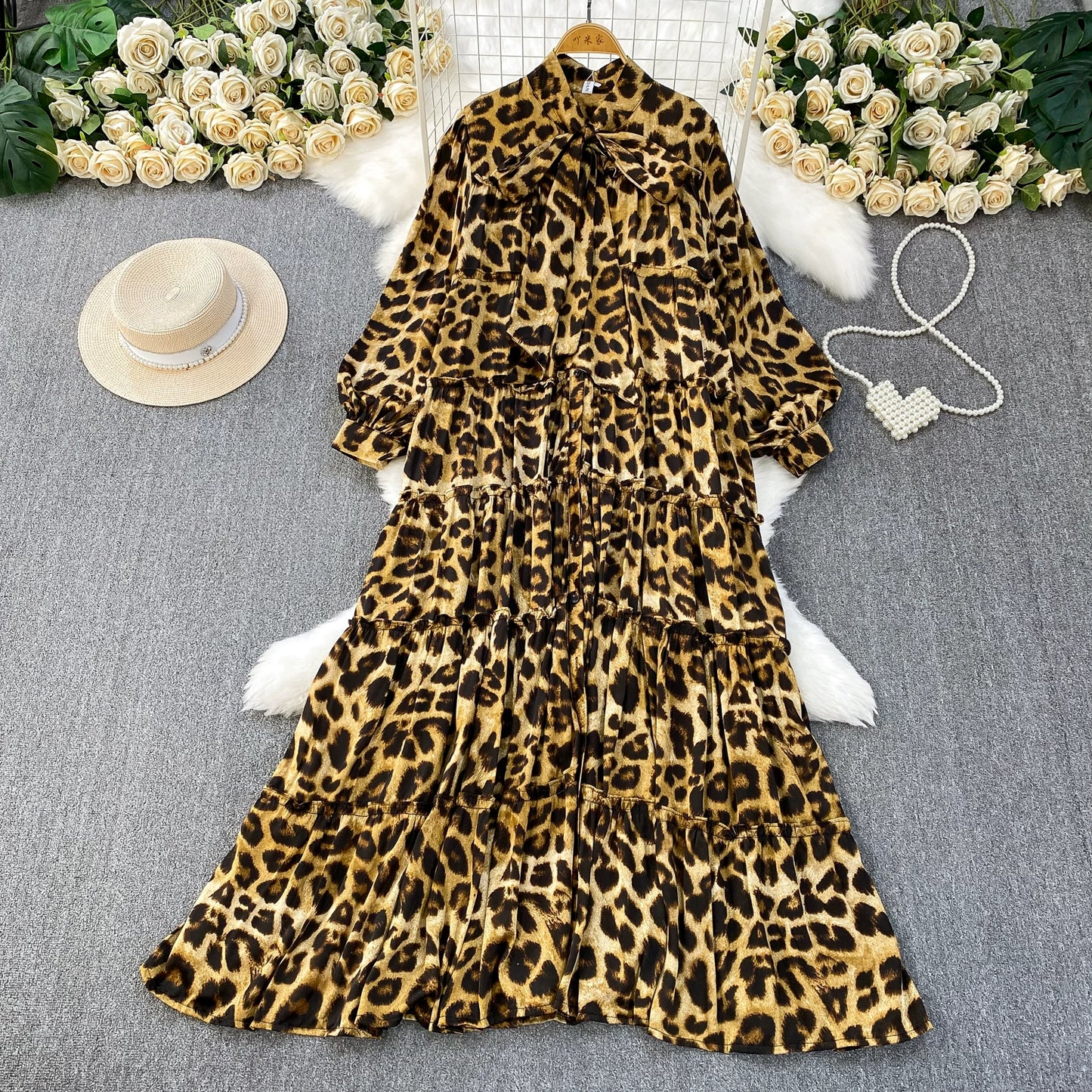 【ワンピース】プリントVネック お腹周りカバー フリル 長袖 ワンピース 【SHシリーズ】