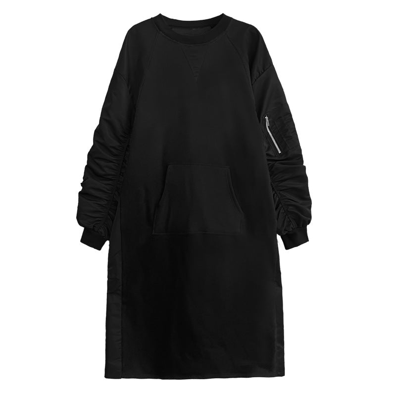 【ワンピース】春 秋 冬 クルーネック プリーツ配色切替 長袖 ワンピース 【AHシリーズ】