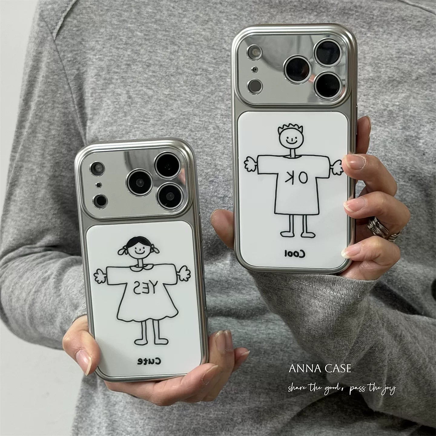 【グッズ】ins風 シンプル ガール / ボーイ 大窓 iPhone17 Pro Max対応 iPhone17 / 16 Pro Max / 16 / 15 Pro / 14対応 電鍍 全面保護 耐衝撃 カップル向け ソフトケース