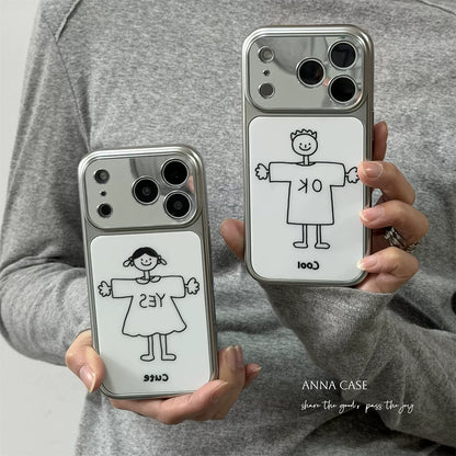 【グッズ】ins風 シンプル ガール / ボーイ 大窓 iPhone17 Pro Max対応 iPhone17 / 16 Pro Max / 16 / 15 Pro / 14対応 電鍍 全面保護 耐衝撃 カップル向け ソフトケース