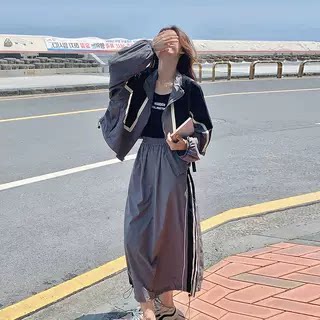 2点セット！【セットアップ】韓国CHIC 配色ジャケットスカート 上下セット レディース ストライプ柄 リラックス 秋セット【FCシリーズ】