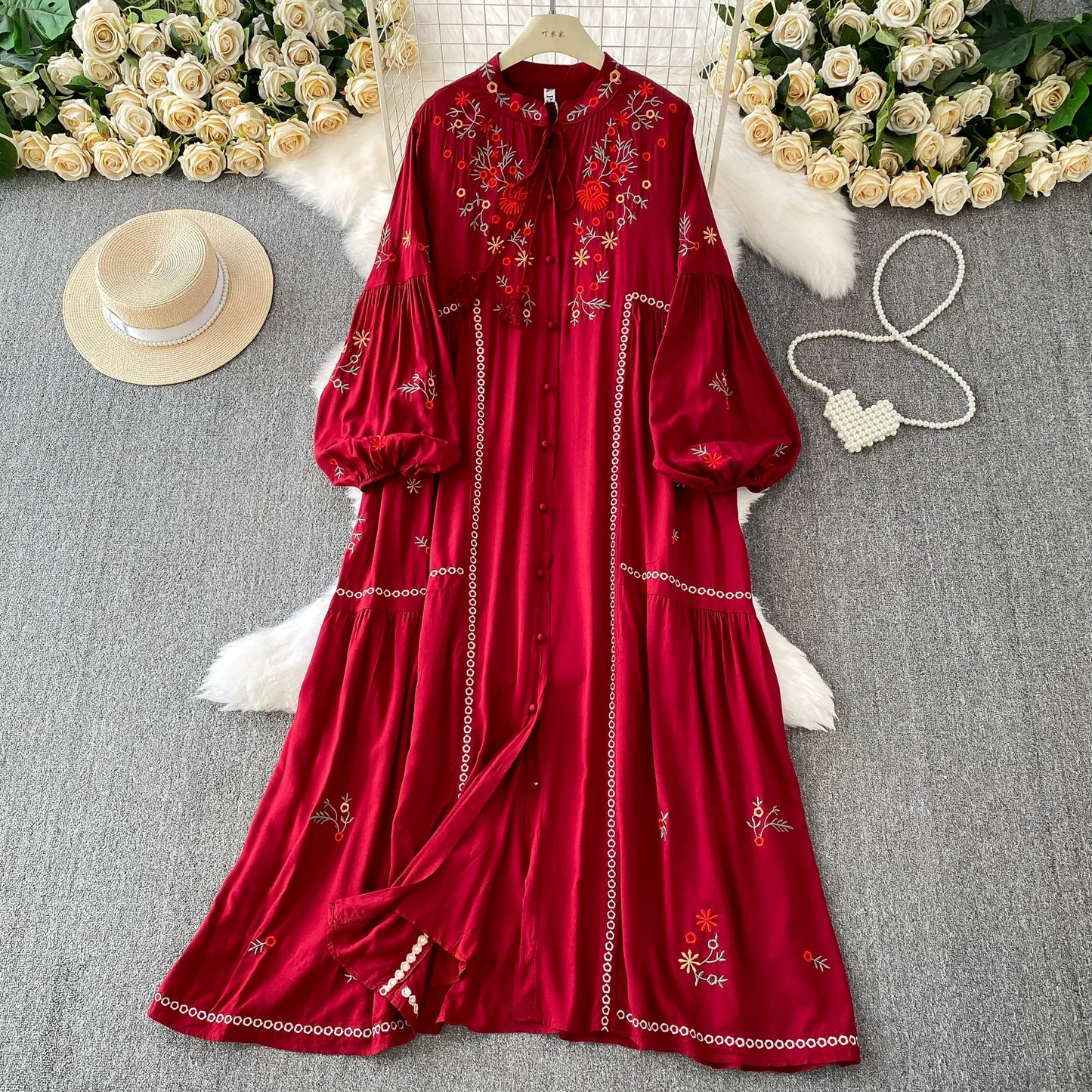 【60%OFF⭐️早い者勝ち】【ワンピース】刺繍 バルーンスリーブ エレガント 長袖 ワンピース 【SHシリーズ】