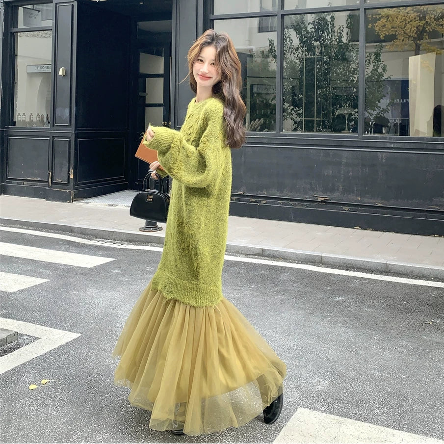 【ワンピース】気質よい レース 切り替えし フェイクレイヤード ニットワンピース【JZシリーズ】