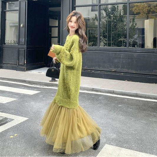 【ワンピース】気質よい レース 切り替えし フェイクレイヤード ニットワンピース【JZシリーズ】