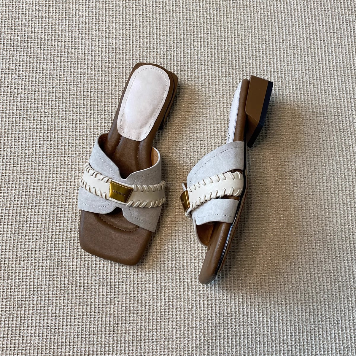 【シューズ】スクエアトゥ フレンチ風 ローヒール 編み込みサンダル