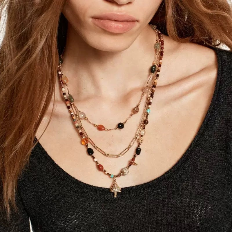 【🎁 B2G1｜先行スタート！】【グッズ】キノコ カラービーズ ネックレス 個性派デザイン 重ね付け ヴィンテージ風 ニット チョーカ