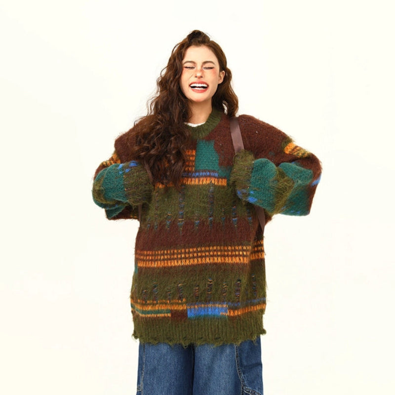 【トップス】秋冬新作 モヘアニット レディース 美式ヴィンテージ ゆったり抜け感 不規則デザインセーター【FCシリーズ】