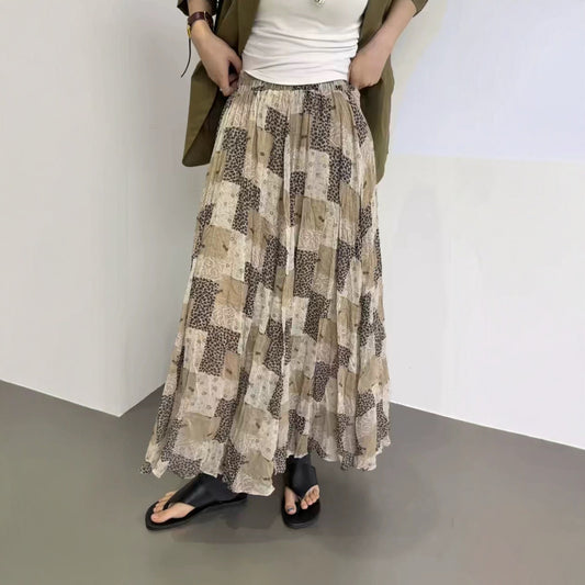 【ボトムス】チェック柄 ロングスカート レディース 夏 ハイウエスト フレアスカート プリーツ ゆったり 体型カバー【SHシリーズ】
