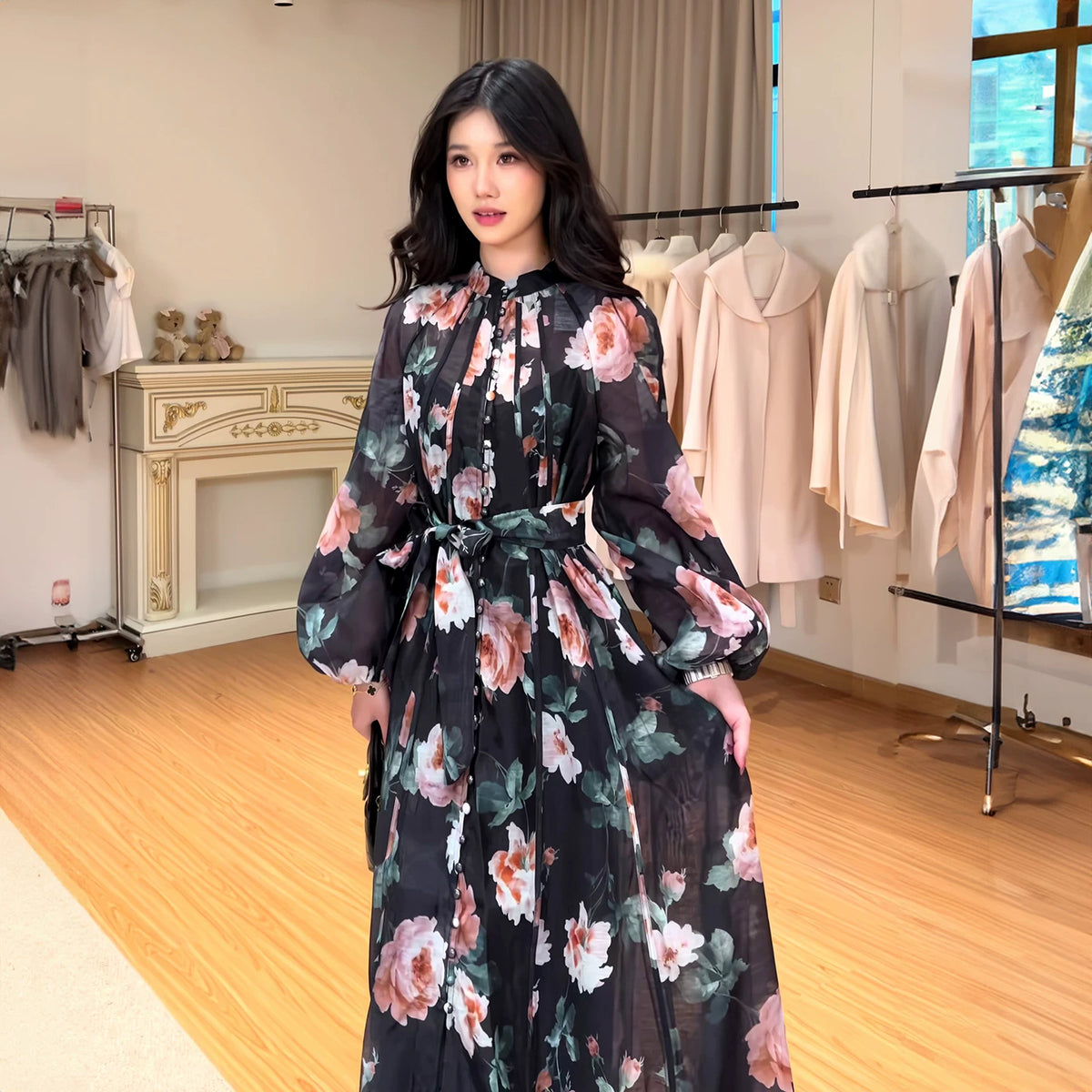 【ワンピース】通勤スタイル 小花柄 ハイネック バルーンスリーブ ロングワンピース 【SHシリーズ】