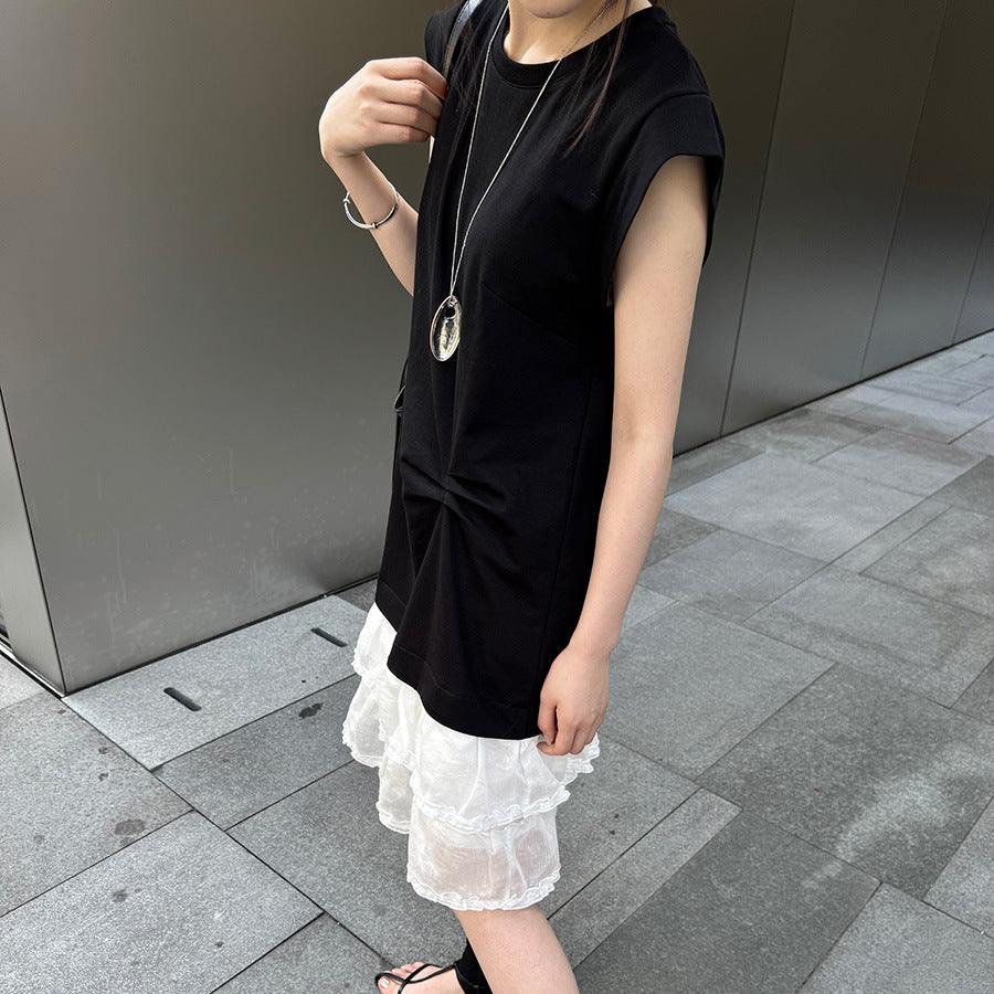 【ワンピース】夏新作 韓国風ウエストマーク切り替え デザイン感 レース ノースリーブワンピース【JZシリーズ】