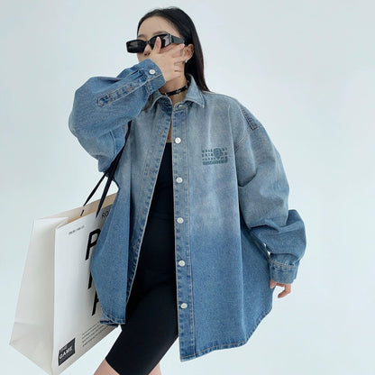 【トップス】春秋 アメリカンスタイル ヴィンテージ加工 グラデーション 刺繍 デニムシャツジャケット【FCシリーズ】