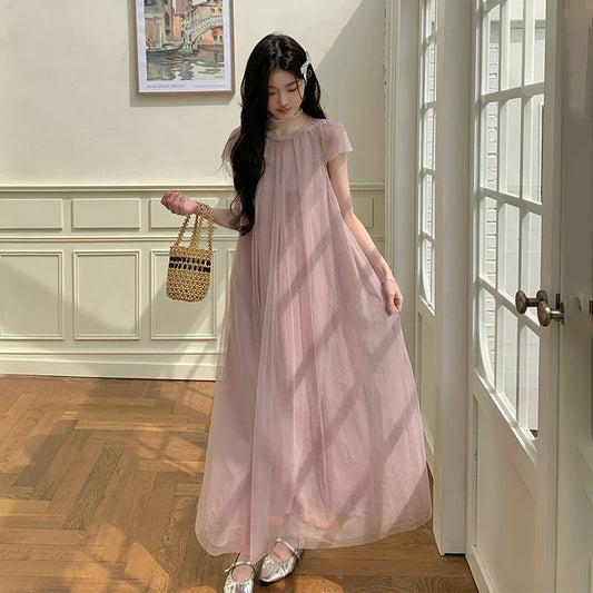 【ワンピース】大人可愛い ピンク チュールワンピース レディース 夏 半袖 上品 2点セット シアー ロング丈 フェミニンワンピース【JZシリーズ】