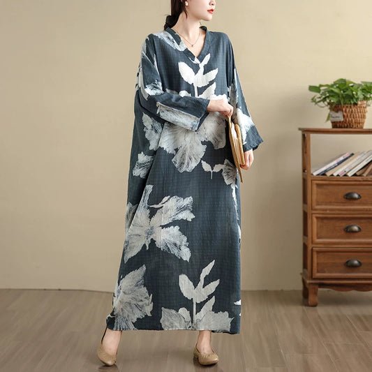 【60%OFF⭐️早い者勝ち】【ワンピース】新作 花柄 トラベル風 Vネック 長袖 9分袖 ロングワンピース 体型カバー ゆったり【SHシリーズ】