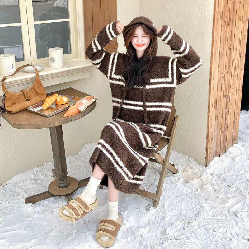 【ワンピース】ボーダー ニットパーカーワンピース レディース 韓国風 学院スタイル ミディ丈 大人可愛い【JZシリーズ】