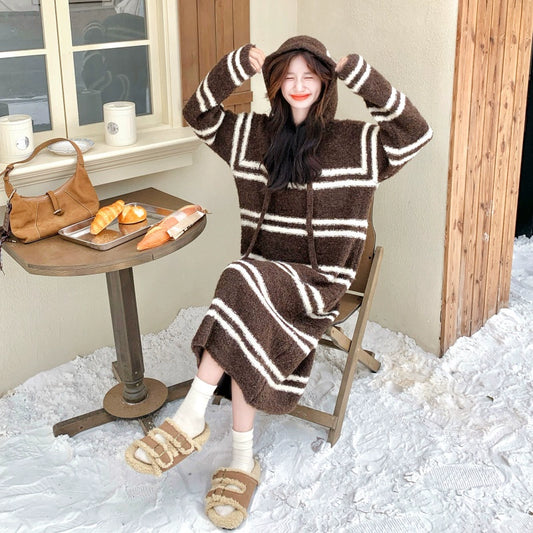 【ワンピース】ボーダー ニットパーカーワンピース レディース 韓国風 学院スタイル ミディ丈 大人可愛い【JZシリーズ】