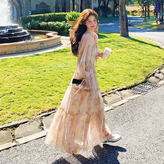 【ワンピース】ティータイム フレンチ ロマンチック 小花柄 ワンピース 春夏 柔らかい雰囲気 絶美 長袖 ドレス【SHシリーズ】