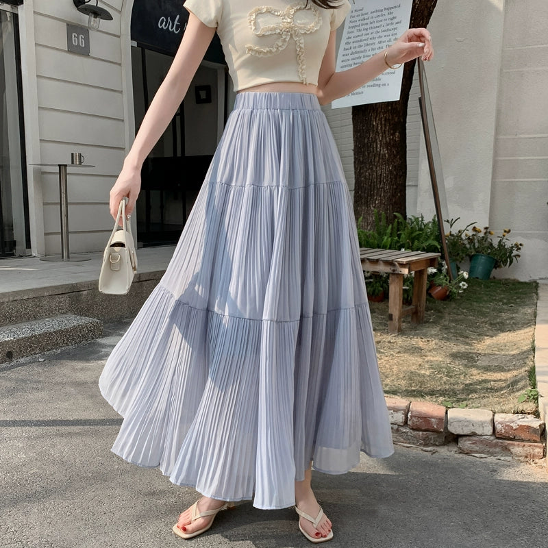 【ボトムス】ドレープ感 ハイウエスト フレアAライン シフォン ケーキプリーツスカート【JZシリーズ】