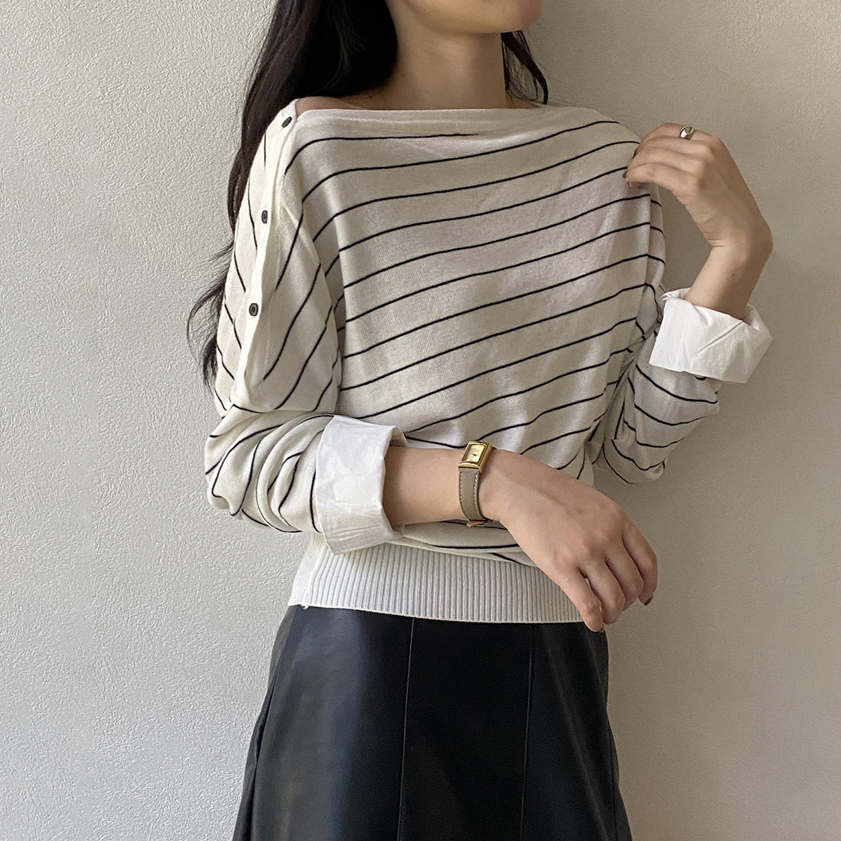 【トップス】オフショルボーダーニットＴシャツ レディース 肩見せ ゆったりシルエット レイヤード 秋トップス【JZシリーズ】