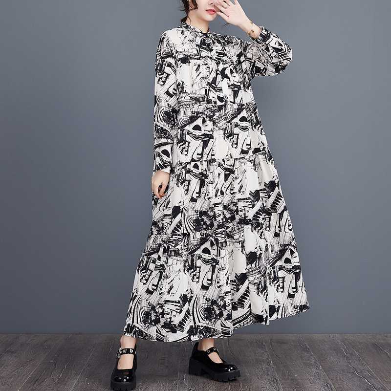 【ワンピース】春新作 大きいサイズ プリント 切替 ティアード長袖ワンピース ゆったり トレンド 花柄【SHシリーズ】