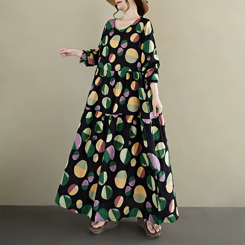 【ワンピース】ドット柄 クルーネック 長袖ワンピース ゆったり 大きいサイズ ボヘミアン リゾート風【SHシリーズ】