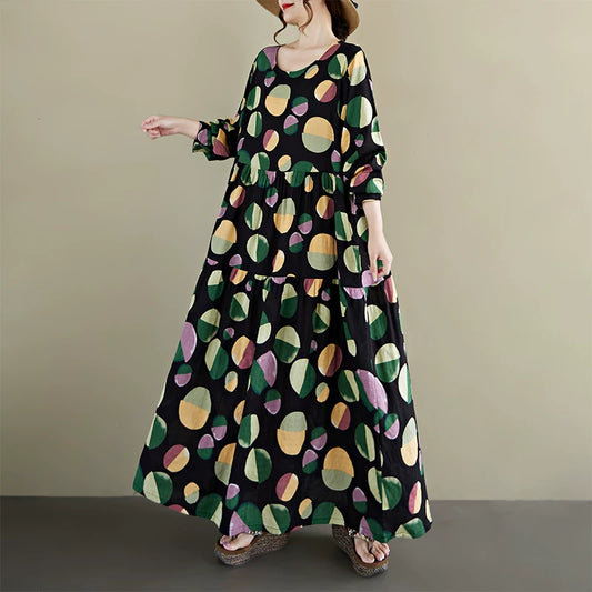 【ワンピース】ドット柄 クルーネック 長袖ワンピース ゆったり 大きいサイズ ボヘミアン リゾート風【SHシリーズ】