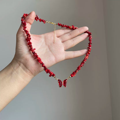 【🎁 B2G1｜先行スタート！】【グッズ】レッドコーラルチップネックレス｜中古｜軽奢＆個性派｜高級感ある万能鎖骨チェーン レディース