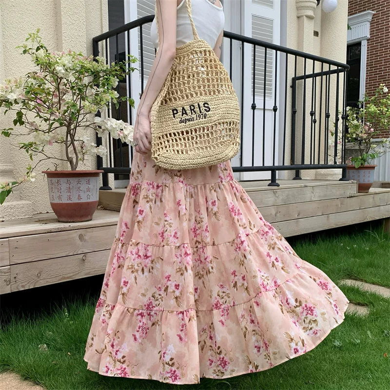 【ボトムス】フレンチ花柄シフォンスカート レディース 夏 ロング丈 フレアシルエット ハイウエスト 上品エレガント【SHシリーズ】