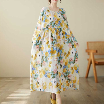 【ワンピース】ラウンドネック ナチュラル ナチュラル プリント 長袖 ワンピース 【SHシリーズ】