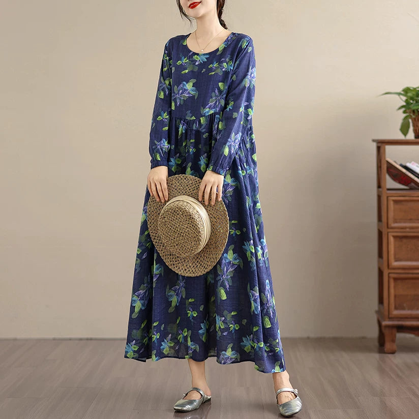 【ワンピース】アンティーク風 花柄 長袖 ロング ゆったり レーストリム ワンピース【SHシリーズ】