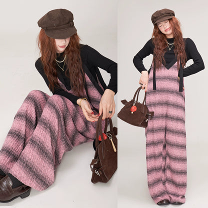 【ボトムス】秋冬 ゆったりVネック ニットサロペット グラデーション ワイドパンツ レディース オールインワン【SHシリーズ】