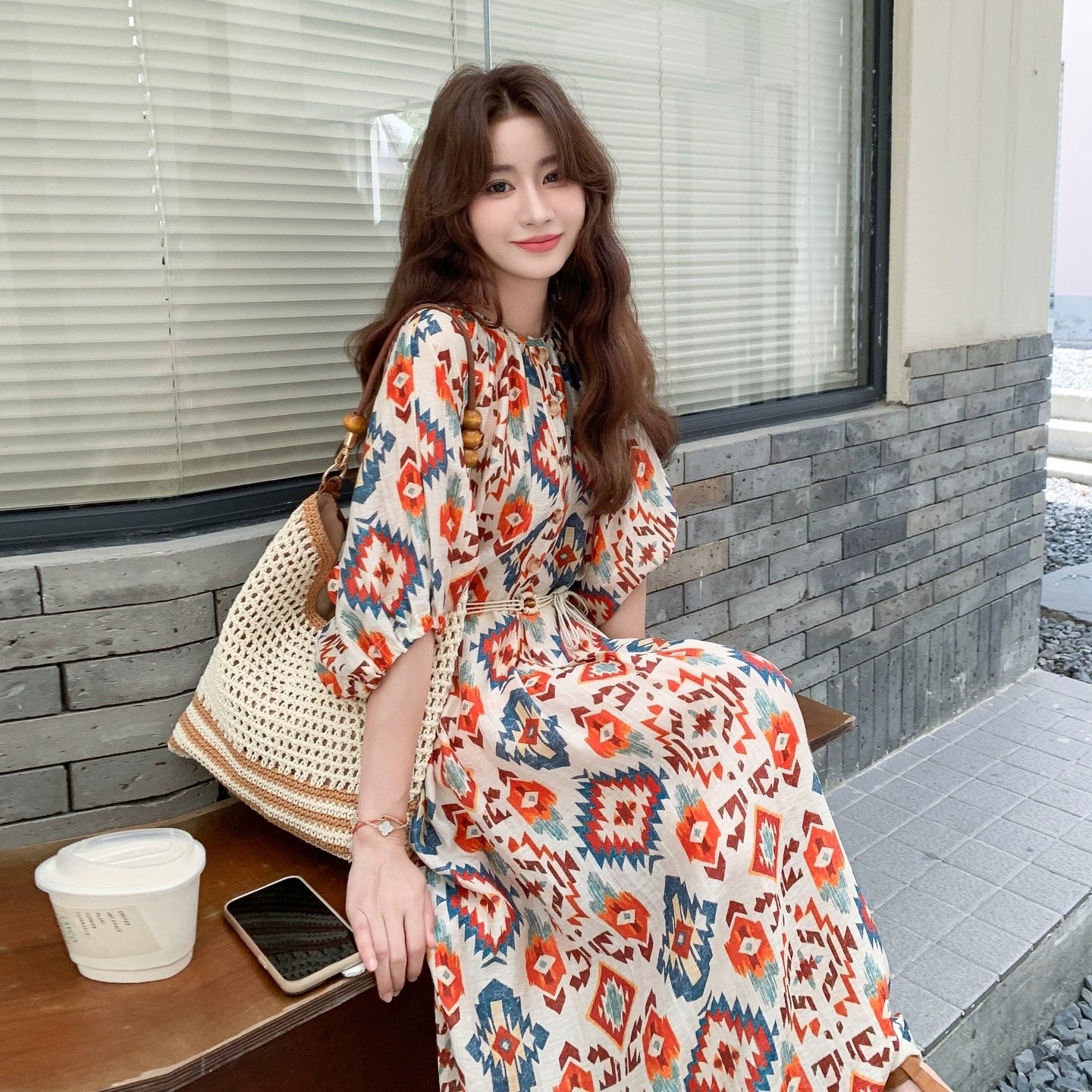 【ワンピース】夏 フレンチ風 旅行リゾート風 プリント パフスリーブ 半袖ワンピース【SHシリーズ】