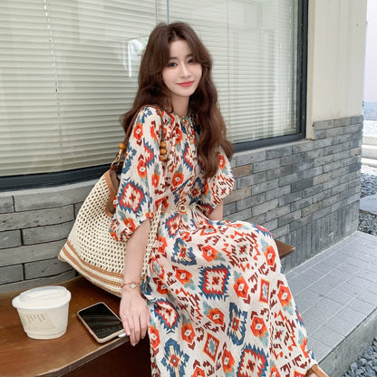 【ワンピース】夏 フレンチ風 旅行リゾート風 プリント パフスリーブ 半袖ワンピース【SHシリーズ】