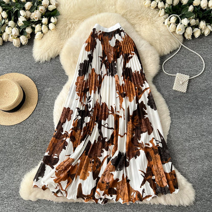 期間限定🍂60%OFF【ボトムス】レトロプリントAラインプリーツロングスカート レディース ハイウエスト 個性派デザイン きれいめ 通勤 大人っぽい【SHシリーズ】