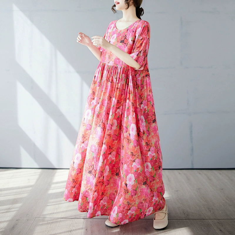 【ワンピース】レトロ 気質 花柄 細見え 半袖ワンピース【SHシリーズ】