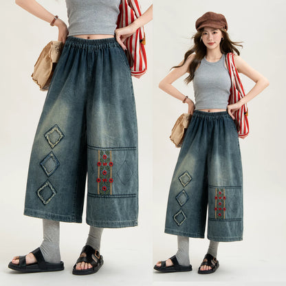 【ボトムス】ボヘミアン風 刺繍デニムハーフパンツ レディース 七分丈 ワイドシルエット ゴムウエスト【JZシリーズ】