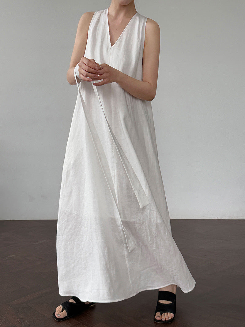 【ワンピース】韓国系シックVネック 夏用 100%苎麻 ノースリーブワンピース【JZシリーズ】