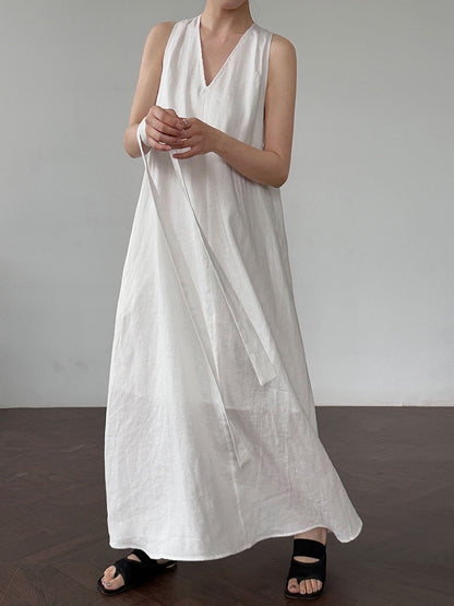 【ワンピース】韓国系シックVネック 夏用 100%苎麻 ノースリーブワンピース【JZシリーズ】