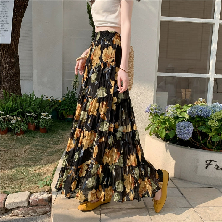 【ボトムス】切り替え  軽やか プリーツ フレア Aライン ハイウエスト シフォンスカート【SHシリーズ】