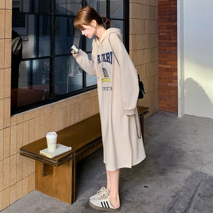 【ワンピース】高級感 韓国風  オフホワイト フード付き長袖ワンピース おしゃれ ゆったりスウェットロングワンピース【JZシリーズ】