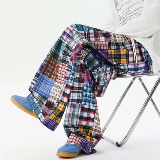 M~8XL【ボトムス】ストリート チェック柄切替 ワイドパンツ ルーズシルエット ユニセックス カジュアルパンツ【FCシリーズ】