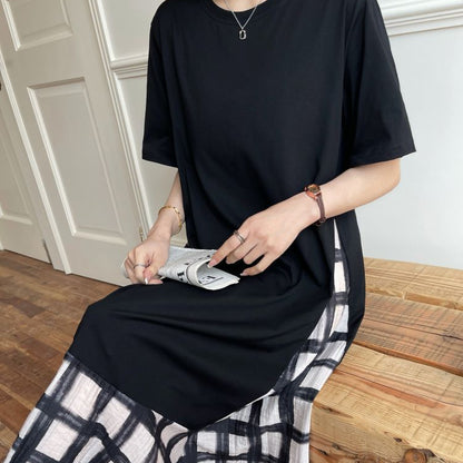 【ワンピース】☀️夏 新作 大きいサイズ レディース チェック柄 重ね着風 半袖ワンピース ゆったり 体型カバー【SHシリーズ】