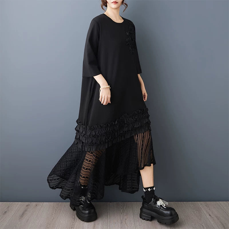 【ワンピース】モード系 ダークデザイン 立体フラワー切替 フリルデザイン ワンピース レディース 夏 ゆったり 大きいサイズ 体型カバー 長袖 七分袖【AHシリーズ】