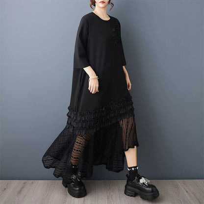 【ワンピース】モード系 ダークデザイン 立体フラワー切替 フリルデザイン ワンピース レディース 夏 ゆったり 大きいサイズ 体型カバー 長袖 七分袖【AHシリーズ】