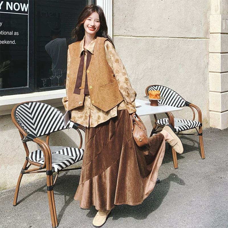 3点セット！【セットアップ 】春新作メラードスエードベスト＋レトロプリントシャツ＋スカート 上下セット 文芸風コーデ【SHシリーズ】