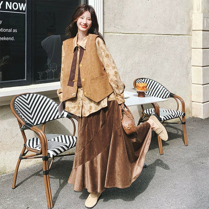 3点セット！【セットアップ 】春新作メラードスエードベスト＋レトロプリントシャツ＋スカート 上下セット 文芸風コーデ【SHシリーズ】