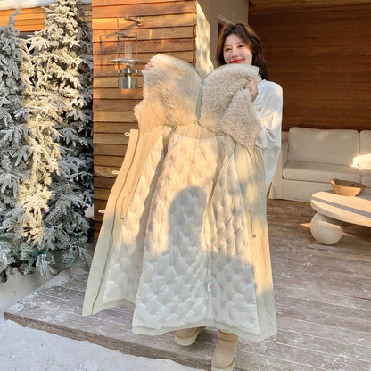 【アウター】大きめファーカラー ボアパーカー ダウンコート レディース 冬 トグルボタン ミディ丈【JZシリーズ】