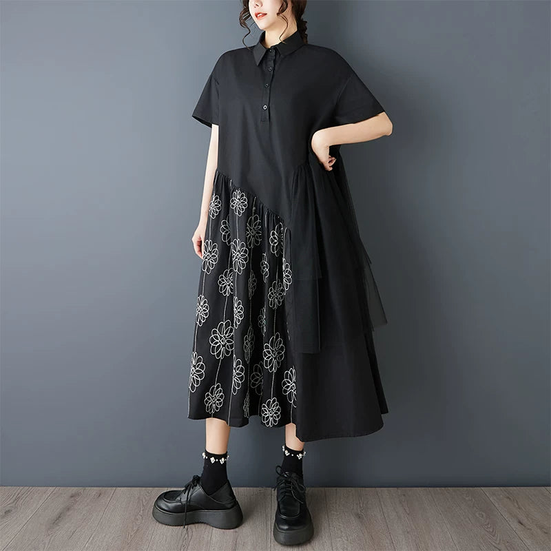 【ワンピース】春夏新作 レトロ ブラック 刺繍チュール切替 半袖ワンピース ルーズシルエット 着痩せ ロングワンピース
【SHシリーズ】