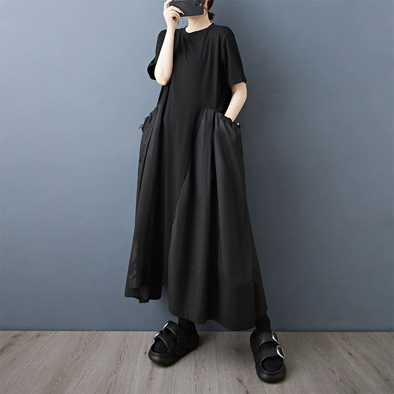 【ワンピース】夏新作 ゆったりカジュアル ドローストリング 中長丈 ニット 半袖ワンピース【AHシリーズ】