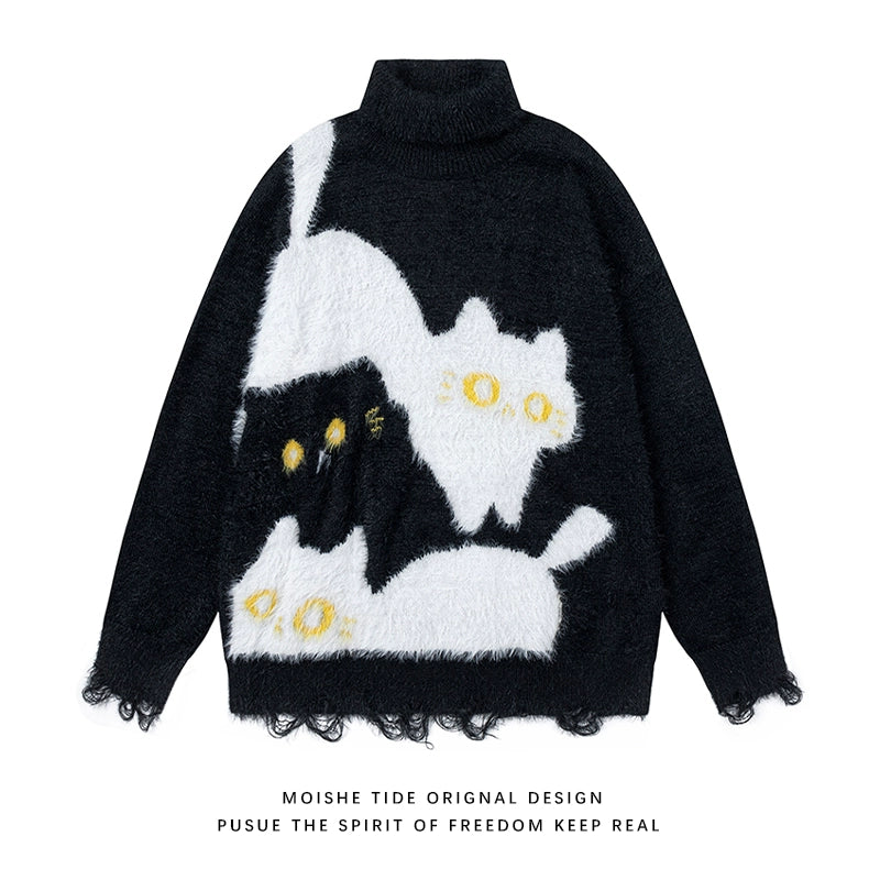 【トップス】秋冬 ねこ柄 破れ風 ダメージニット レトロ かわいい ゆったり 男女兼用 セーター【FCシリーズ】