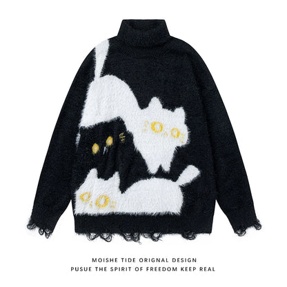 【トップス】秋冬 ねこ柄 破れ風 ダメージニット レトロ かわいい ゆったり 男女兼用 セーター【FCシリーズ】